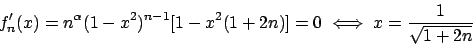 \begin{displaymath}
f_n'(x) = n^{\alpha} (1-x^2)^{n-1} [ 1 - x^2(1+2n) ] = 0
\iff
x = {{1}\over{\sqrt{1+2n}}}
\end{displaymath}