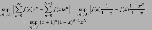 \begin{displaymath}
\renewcommand {\arraystretch}{1.5}
\begin{array}{l}
{\displa...
...sup_{x \in [0,1]} (x+1)^{\alpha}(1-x)^{\beta-1}x^N}
\end{array}\end{displaymath}