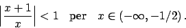 \begin{displaymath}
\Big\vert {{x+1}\over{x}} \Big\vert < 1 \hskip10pt \textrm{per} \hskip10pt
x \in (- \infty , -1/2)   .
\end{displaymath}