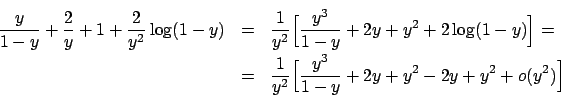 \begin{displaymath}
\renewcommand {\arraystretch}{2}
\begin{array}{lll}
{\displa...
...y^3}\over{1-y}} + 2y + y^2 - 2y +y^2 +o(y^2) \Big]}
\end{array}\end{displaymath}