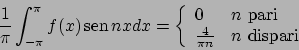 \begin{displaymath}
{{1}\over{\pi}} \int_{-\pi}^{\pi} f(x)  \!\textrm{sen}  \!...
...
{{4}\over{\pi n}} & n \textrm{ dispari}
\end{array} \right.
\end{displaymath}