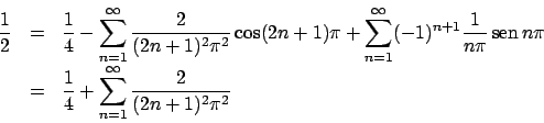 \begin{displaymath}
\renewcommand {\arraystretch}{2}
\begin{array}{lll}
{\displa...
...} + \sum_{n=1}^{\infty} {{2}\over{(2n+1)^2 \pi^2}}}
\end{array}\end{displaymath}
