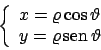 \begin{displaymath}
\left\{
\begin{array}{l}
x=\varrho \cos\vartheta \\
y=\varrho  \!\textrm{sen}  \!\vartheta
\end{array} \right.
\end{displaymath}