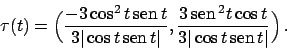\begin{displaymath}
\tau(t) = \Big( {{-3 \cos^2 t  \!\textrm{sen}  \!t}\over{3...
...t}\over{3 \vert\cos t  \!\textrm{sen}  \!t\vert}} \Big)   .
\end{displaymath}