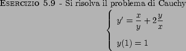 \begin{esercizio}\rm -\
Si risolva il problema di Cauchy
\begin{displaymath}
\le...
... {{y}\over{x}}} \\
y(1) = 1
\end{array}\right.
\end{displaymath}\end{esercizio}