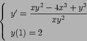 \begin{displaymath}
\left\{
\renewcommand {\arraystretch}{1.5}
\begin{array}{l}
...
...y^2 - 4x^3 + y^3}\over{xy^2}}} \\
y(1) = 2
\end{array}\right.
\end{displaymath}