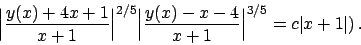 \begin{displaymath}
{\displaystyle \Big\vert{{y(x)+4x+1}\over{x+1}}\Big\vert^{2/...
...(x)-x-4}\over{x+1}}\Big\vert^{3/5}
= c \vert x+1\vert} )   .
\end{displaymath}