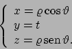 \begin{displaymath}
\left\{
\begin{array}{l}
x=\varrho \cos\vartheta \\
y=t \\
z=\varrho  \!\textrm{sen}  \!\vartheta .
\end{array}\right.
\end{displaymath}