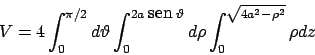 \begin{displaymath}
V = 4 \int_0^{\pi/2} d\vartheta \int_0^{2a  \!\textrm{sen}  \!\vartheta } d \rho
\int_0^{\sqrt{4a^2 - \rho^2}} \rho dz
\end{displaymath}