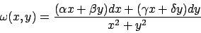 \begin{displaymath}
\omega (x,y) =
{{(\alpha x+\beta y) dx+ (\gamma x + \delta y)dy}\over{x^2+y^2}}
\end{displaymath}