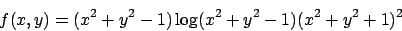 \begin{displaymath}
f(x,y) = {(x^2+y^2 -1) \log(x^2+y^2-1)}{(x^2+y^2+1)^2}
\end{displaymath}